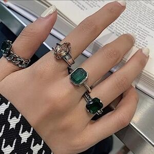 Emerald Green Citrine Sterling Silver Ring Set